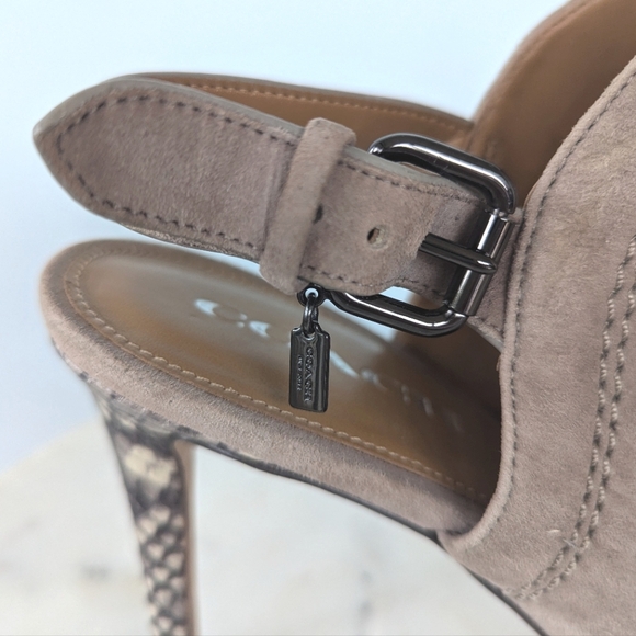 Coach Kearney Taupe Suede Leather Snake Print Peep Toe Heels - Picture 6 of 12